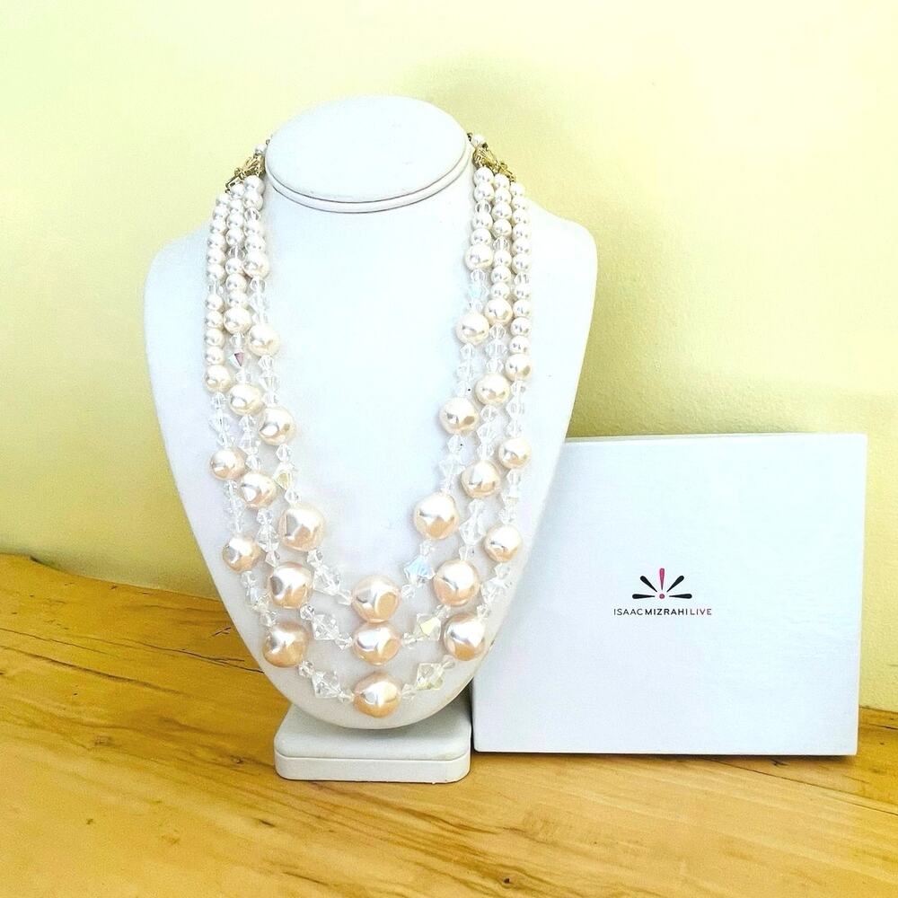 Vtg AB Aurora Borealis Crystal Fx Pearl Necklace Chunky Bead Layered